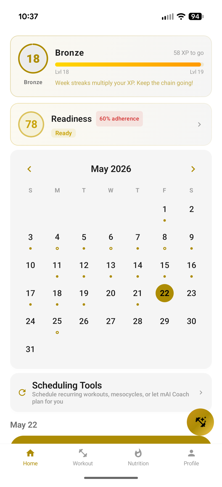 Android home screen showing workout schedule and training overview