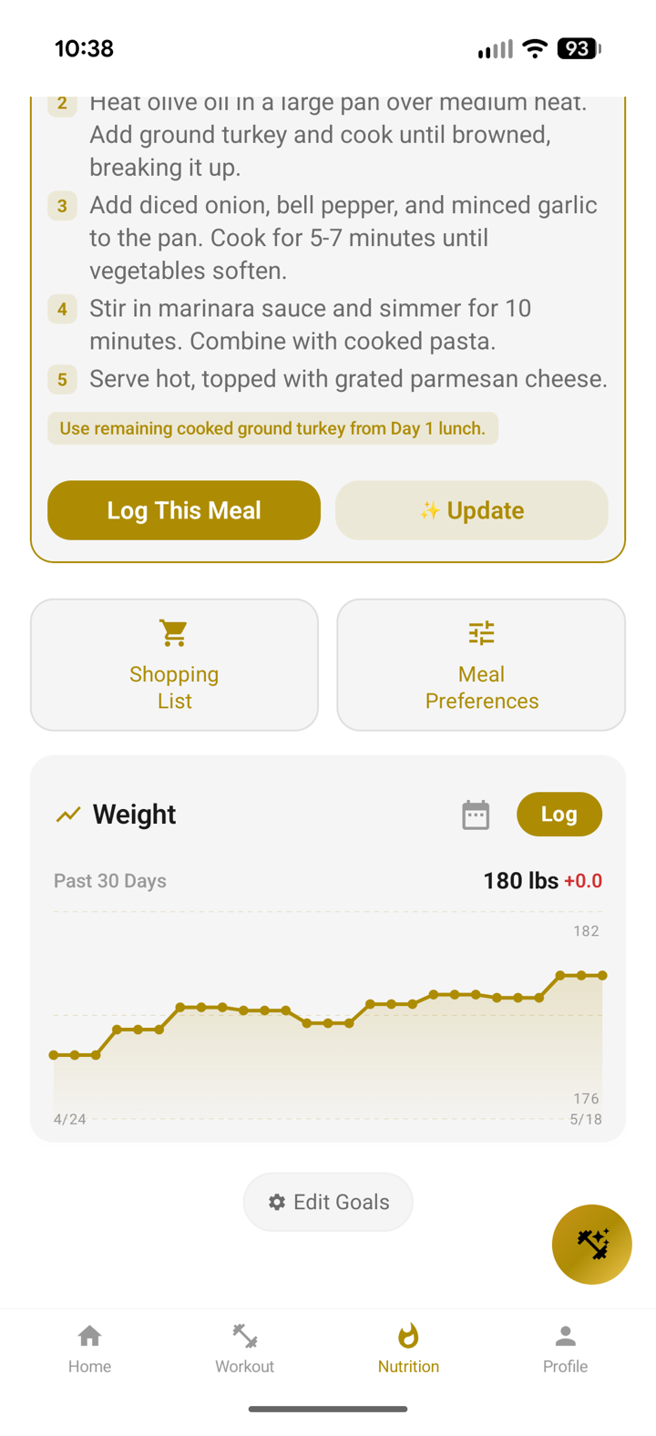 Android nutrition screen with a meal recipe, shopping list, and a 30-day weight trend chart