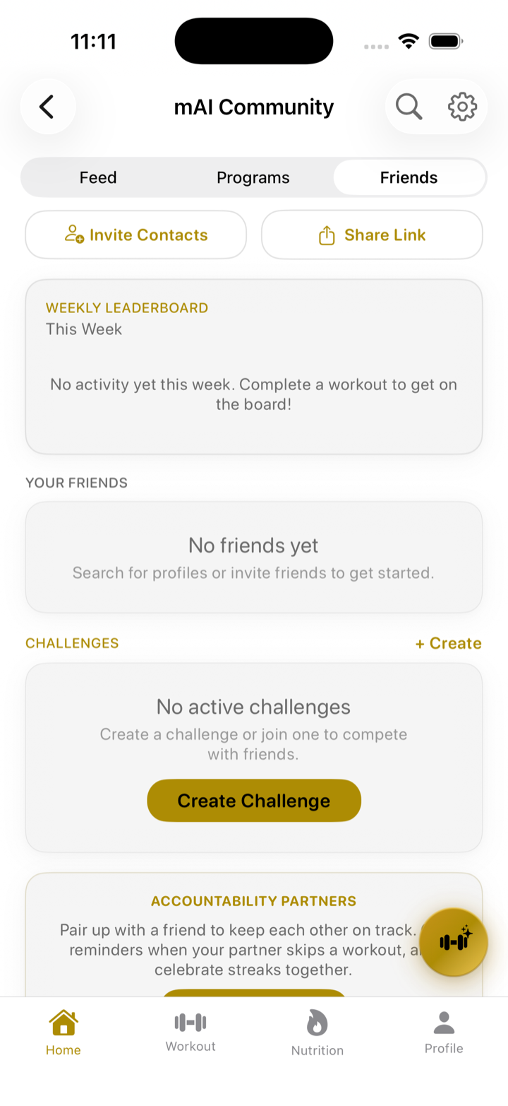 Community friends tab showing weekly leaderboard and accountability partner options