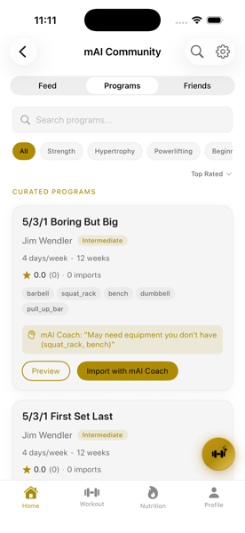 Community programs tab showing shared workout programs with ratings and import buttons