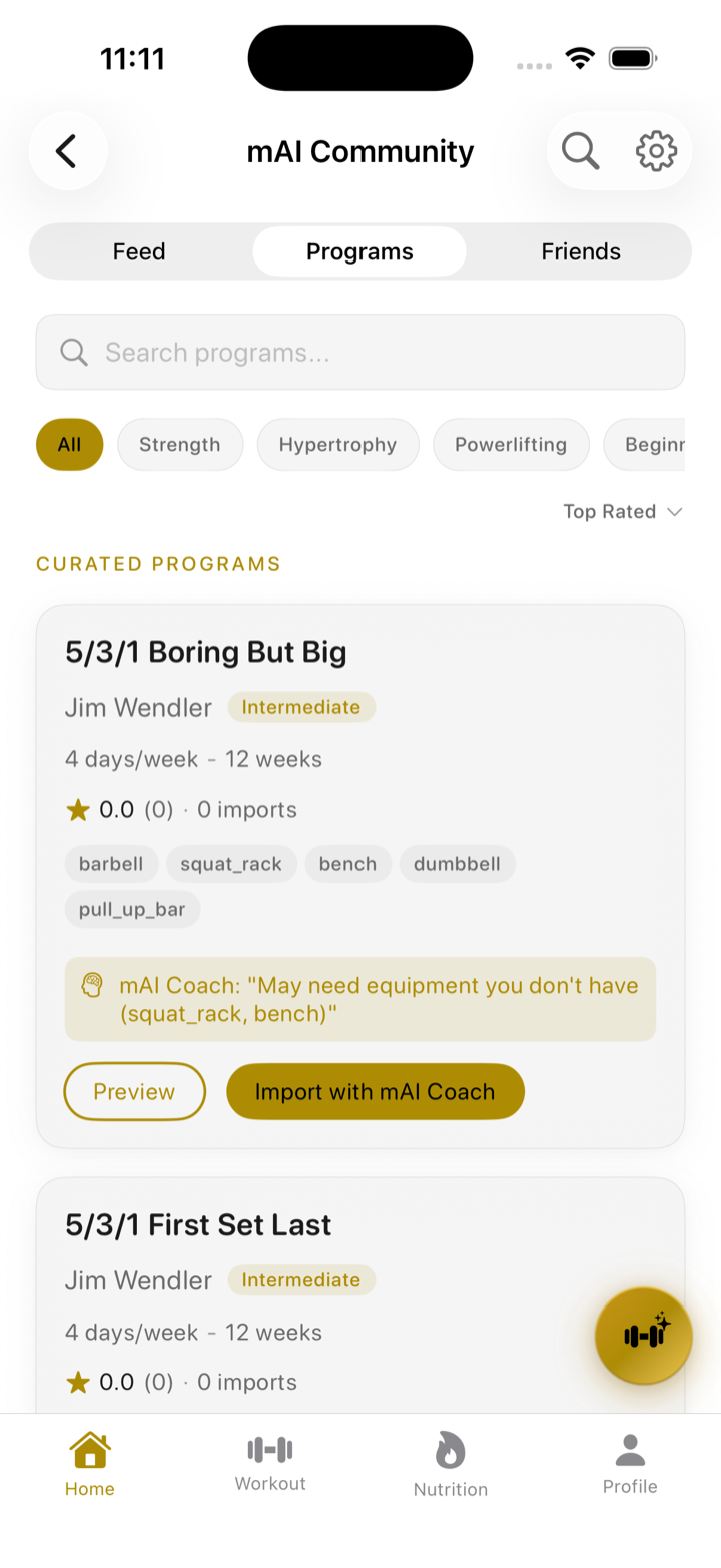 Community programs tab showing shared workout programs with ratings and import buttons