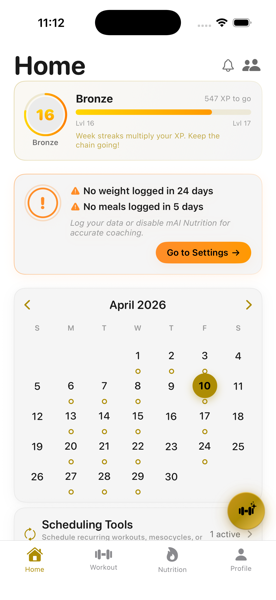 iPhone home screen showing mAI Score card, calendar with workout dots, and navigation tabs