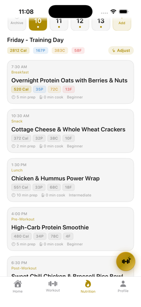 AI-generated daily meal plan showing five meals with times and macro breakdowns