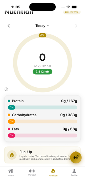 Nutrition dashboard showing daily calorie ring, macro bars for protein, carbs, and fat