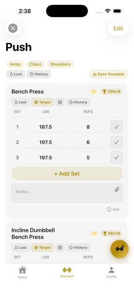 Workout tracking screen showing exercise cards with set, rep, and weight inputs and a PR badge